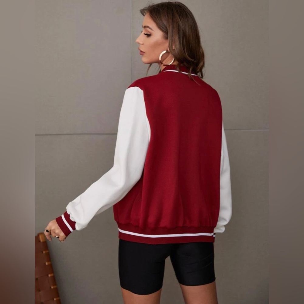 Shein EZwear Letter Patch Detail Two Tone Varsity Jacket